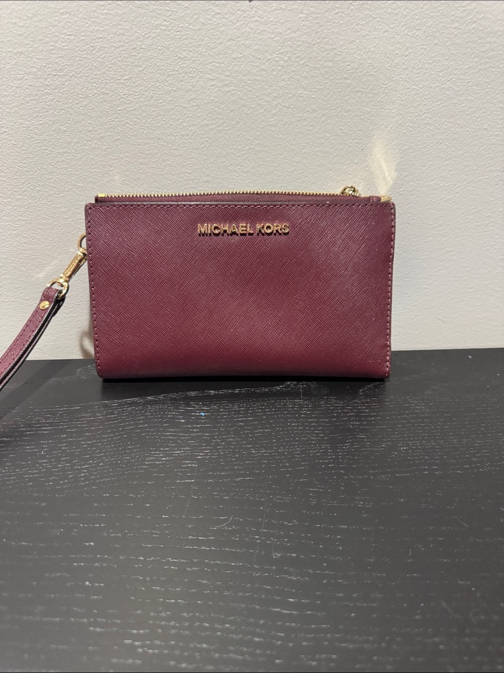 MICHAEL KORS Burgundy Saffiano Leather Wristlet with Gold Hardware